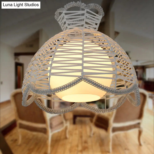 Modern 1 Light Rattan Pendant Lamp With Scalloped Shade - White