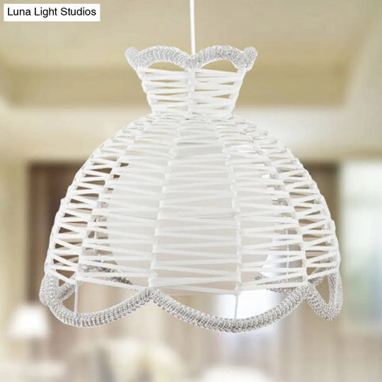 Modern 1 Light Rattan Pendant Lamp With Scalloped Shade - White