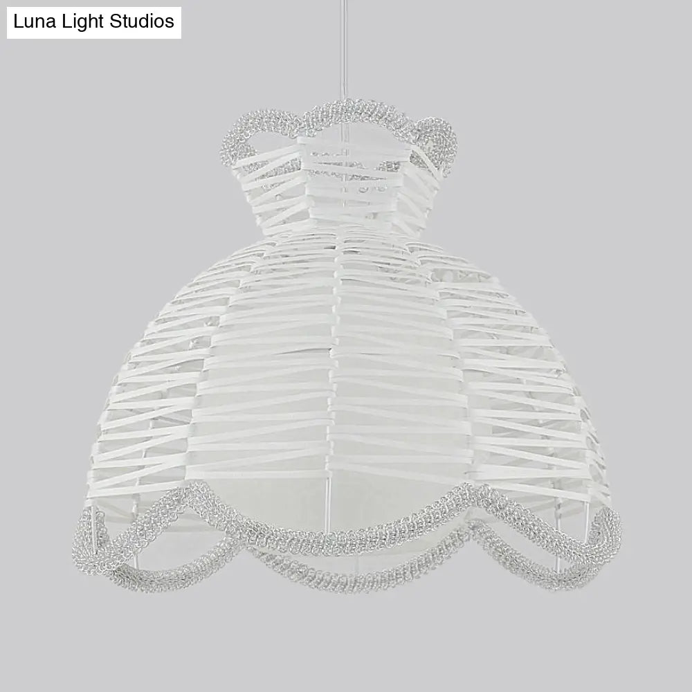 Modern 1 Light Rattan Pendant Lamp With Scalloped Shade - White