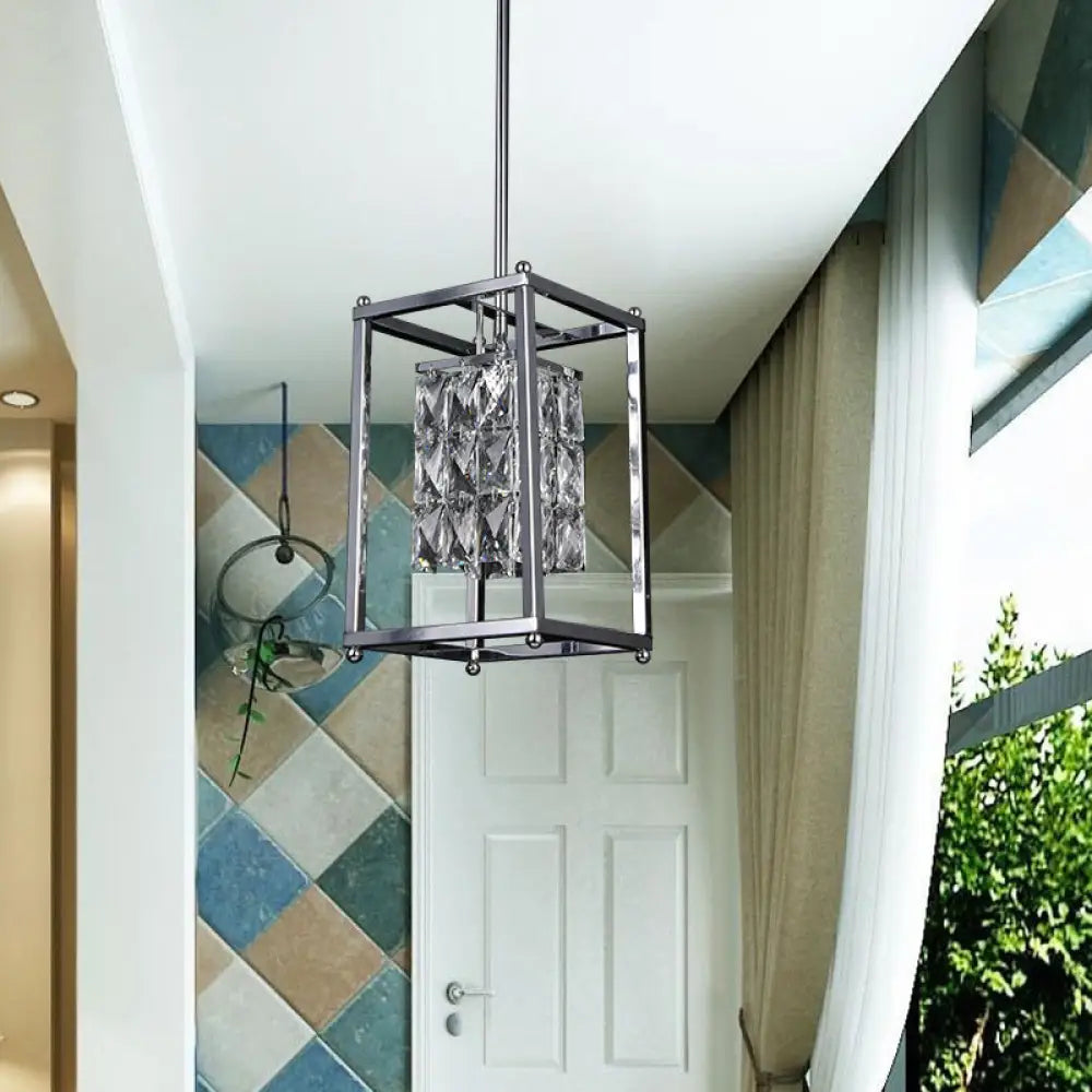 Modern Rectangle Cage Balcony Pendant Lamp With Clear Crystal Shade - Nickel Finish