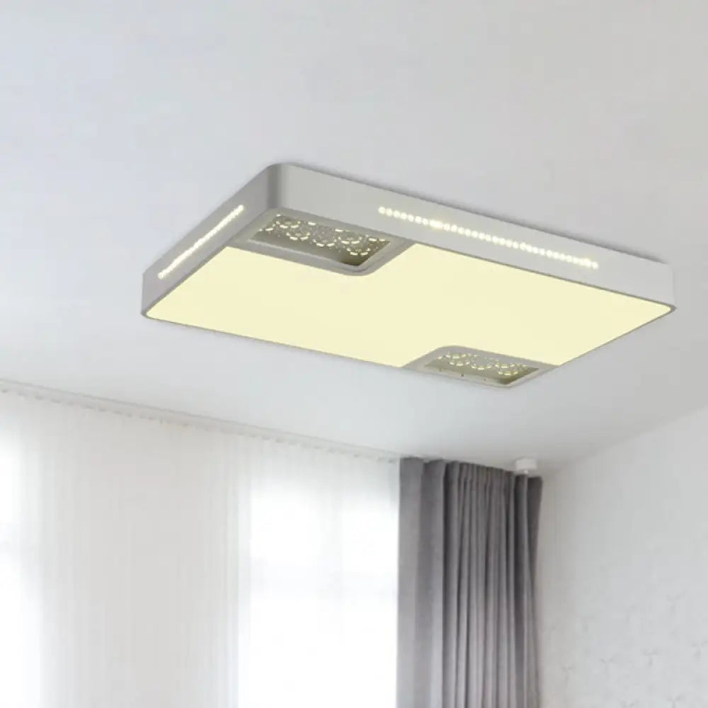 Modern Rectangle Ceiling Light Fixture: Acrylic White Led Flush Mount With Crystal Beaded Accent