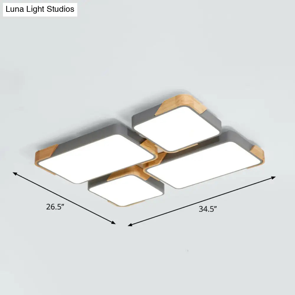 Modern Rectangle Led Flushmount Ceiling Lamp For Living Room - Metal Wood Flush Light Grey /