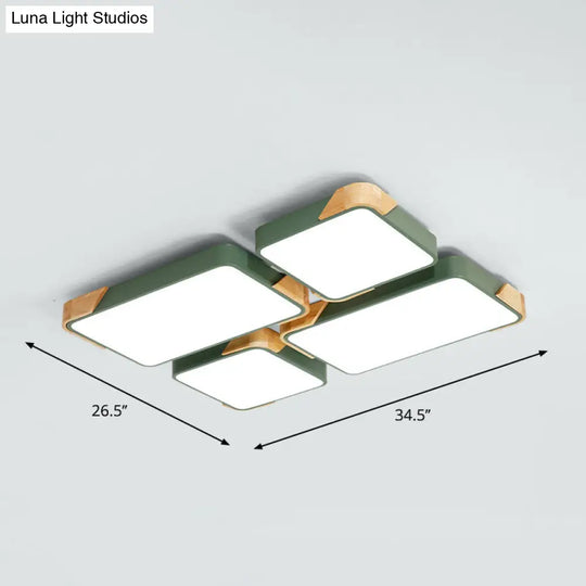 Modern Rectangle Led Flushmount Ceiling Lamp For Living Room - Metal Wood Flush Light Green /