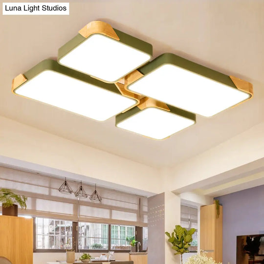 Modern Rectangle Led Flushmount Ceiling Lamp For Living Room - Metal Wood Flush Light