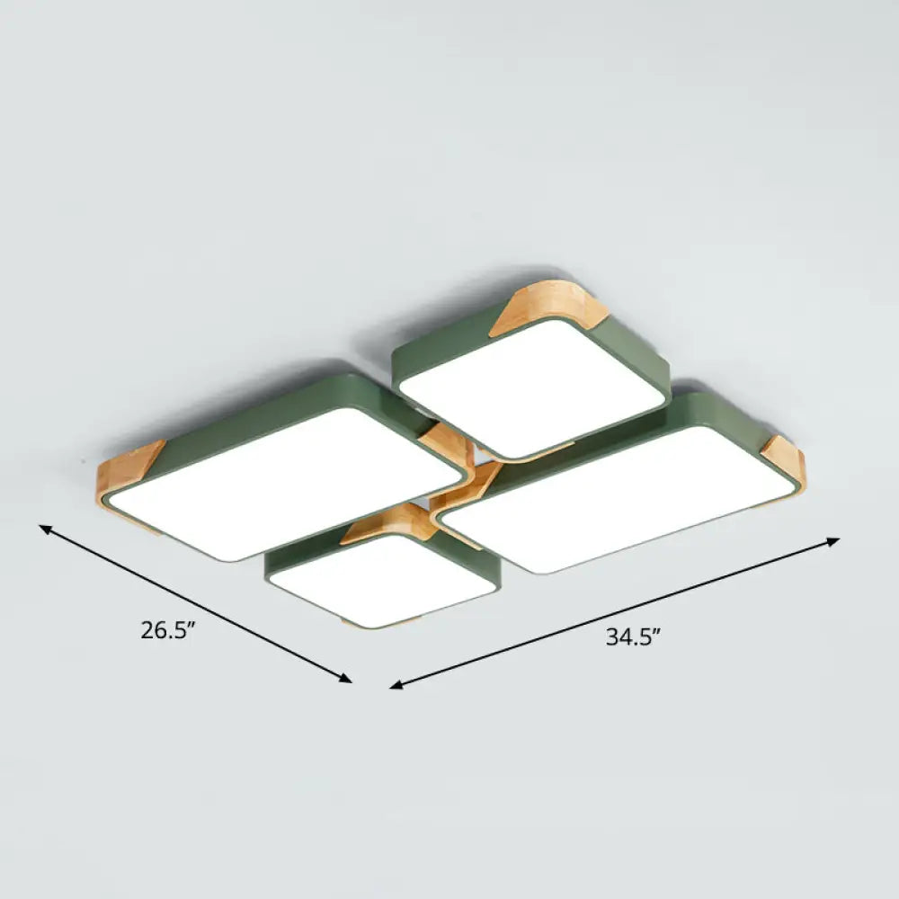 Modern Rectangle Led Flushmount Ceiling Lamp For Living Room - Metal Wood Flush Light Green /