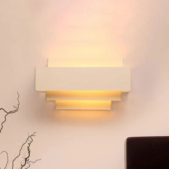 Modern Rectangle Wall Lamp With Tiered Metal Design - White 1 Head Sconce Light For Bedroom