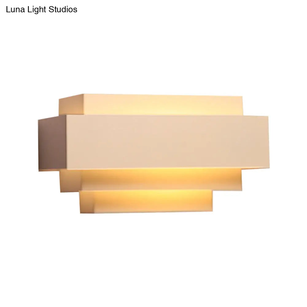 Modern Rectangle Wall Lamp With Tiered Metal Design - White 1 Head Sconce Light For Bedroom