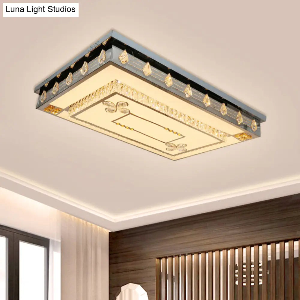 Modern Rectangular Ceiling Fixture With Clear Crystal Blocks – Led Flush Mount Lamp In Stainless