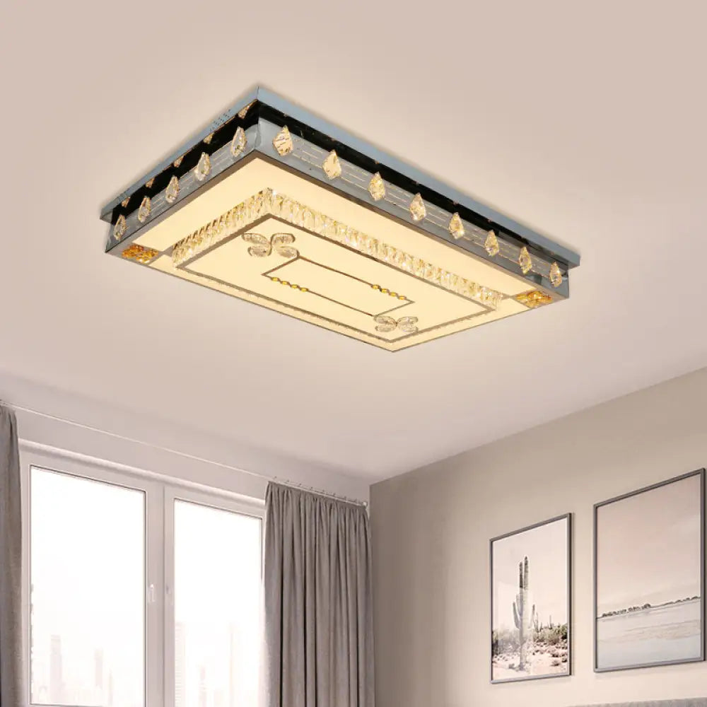 Modern Rectangular Ceiling Fixture With Clear Crystal Blocks – Led Flush Mount Lamp In Stainless