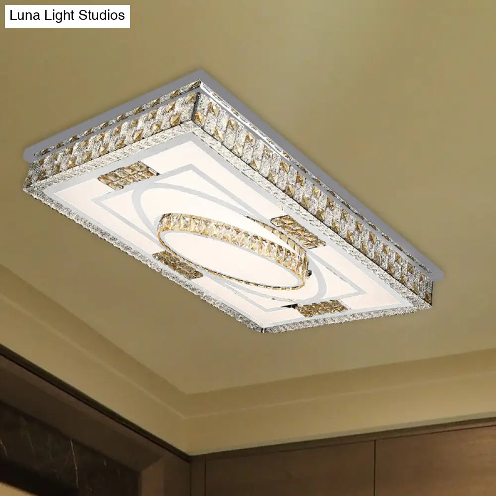 Modern Rectangular Led Ceiling Flush Light With Remote - Crystal Chrome Mounted Lamp