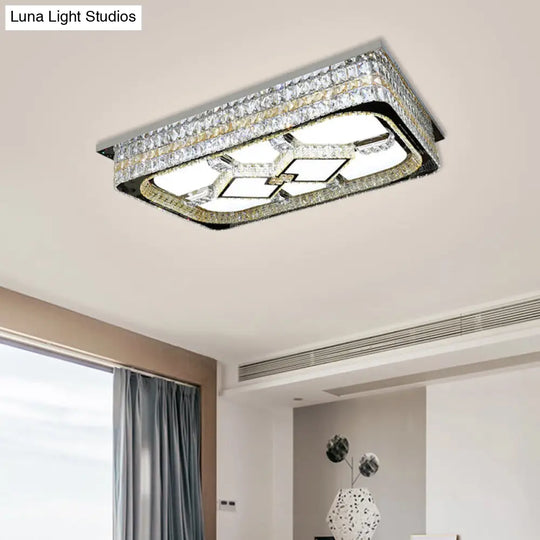 Modern Rectangular Parlor Ceiling Lamp With Clear Crystal Blocks And Stainless-Steel Flush Light