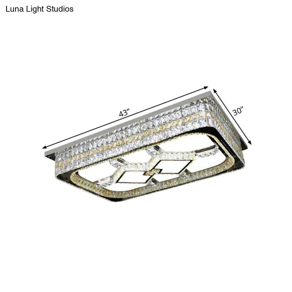 Modern Rectangular Parlor Ceiling Lamp With Clear Crystal Blocks And Stainless-Steel Flush Light