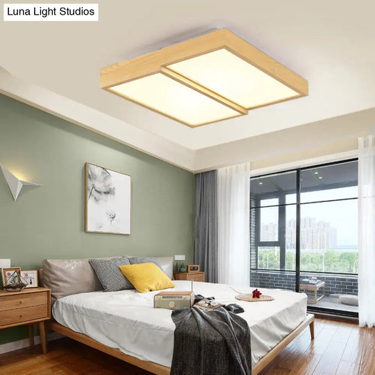 Modern Rectangular Wooden Flush Mount Ceiling Lamp - 2-Light Warm/White Option Wide Sizes Available