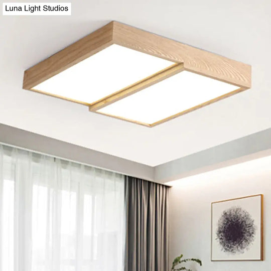 Modern Rectangular Wooden Flush Mount Ceiling Lamp - 2-Light Warm/White Option Wide Sizes Available