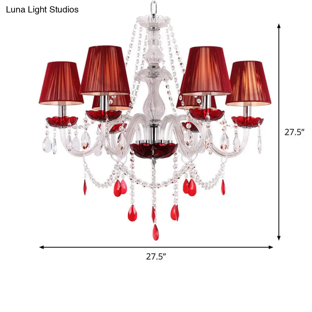 Modern Red Crystal Pendant Chandelier With Conical Shade - 6 Bulbs