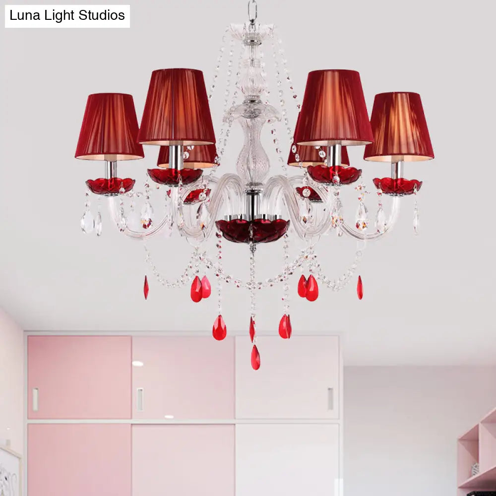 Modern Red Crystal Pendant Chandelier With Conical Shade - 6 Bulbs