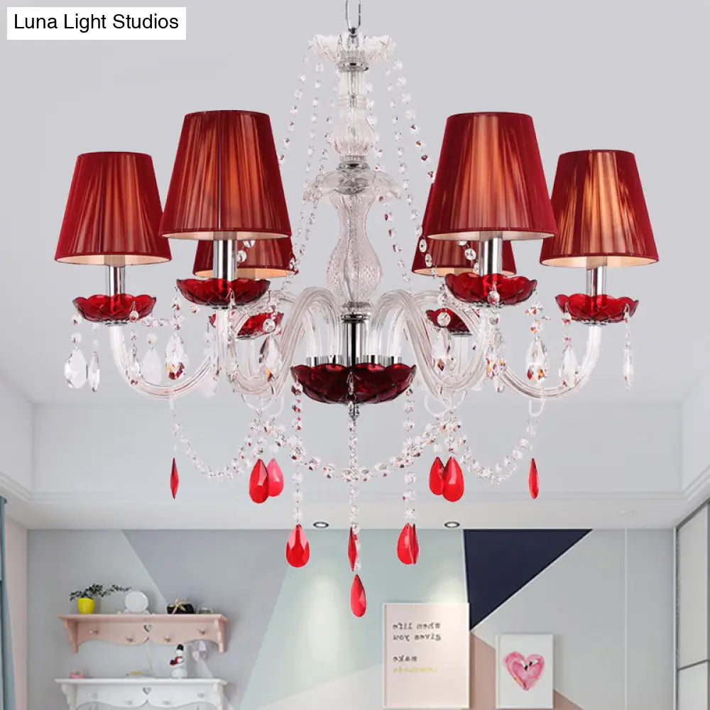 Modern Red Crystal Pendant Chandelier With Conical Shade - 6 Bulbs