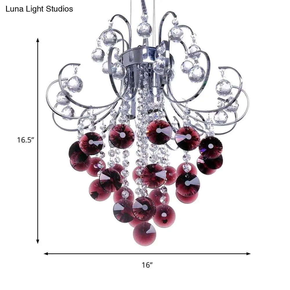 Red Crystal Modern Chandelier With Chrome Finish And 3 Bent Arm Lights