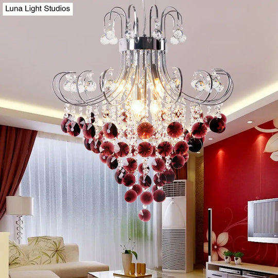 Red Crystal Modern Chandelier With Chrome Finish And 3 Bent Arm Lights