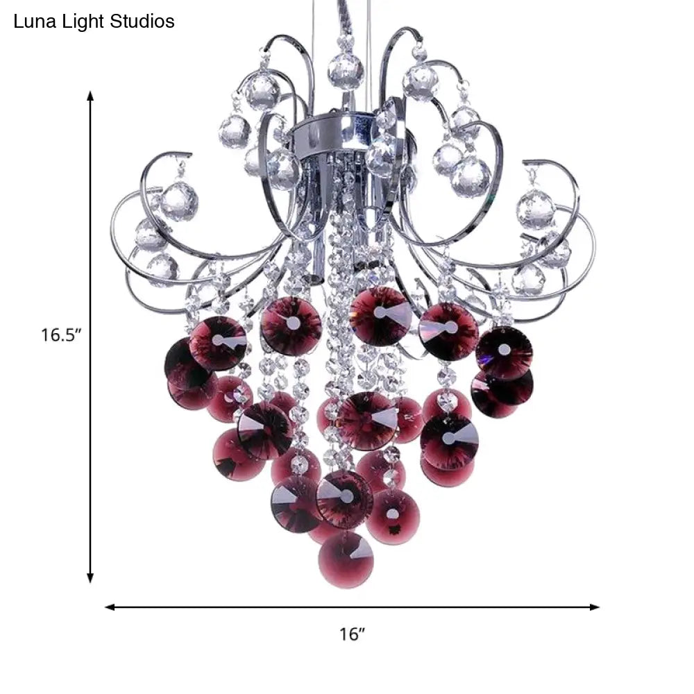 Modern Red Crystal Chandelier - Bent Arm Frame 3 Lights Chrome Ceiling Fixture