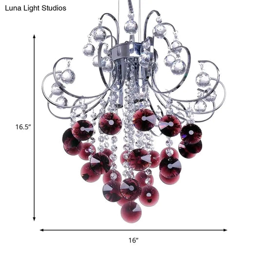 Modern Red Crystal Chandelier - Bent Arm Frame 3 Lights Chrome Ceiling Fixture