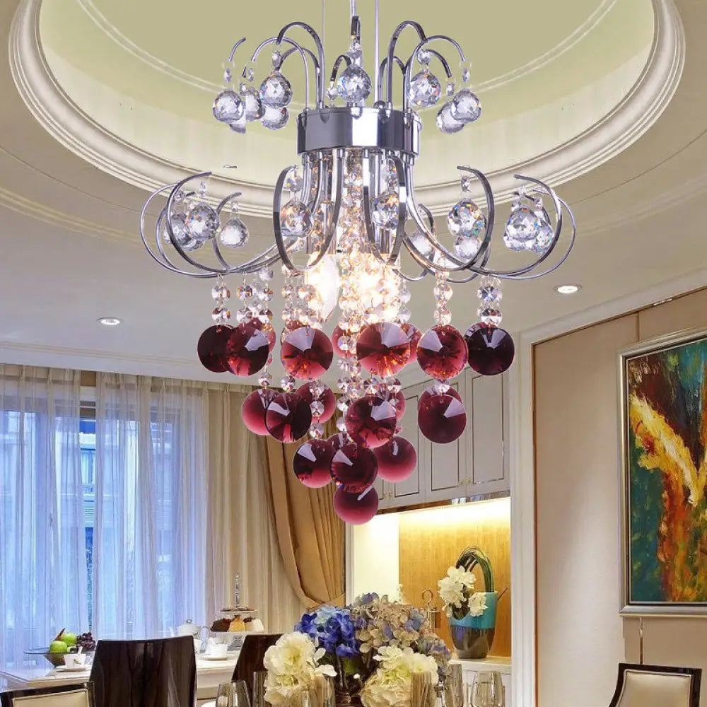 Modern Red Crystal Chandelier - Bent Arm Frame 3 Lights Chrome Ceiling Fixture