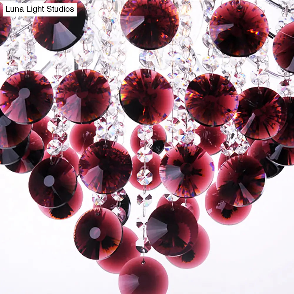 Modern Red Crystal Chandelier - Bent Arm Frame 3 Lights Chrome Ceiling Fixture