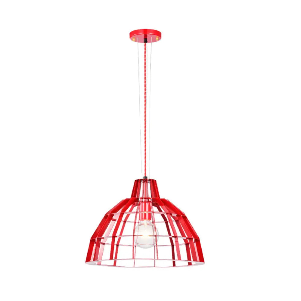 Modern Red Dome Pendant Light W/ Metal Cage - Restaurant Hanging Lamp / 11’