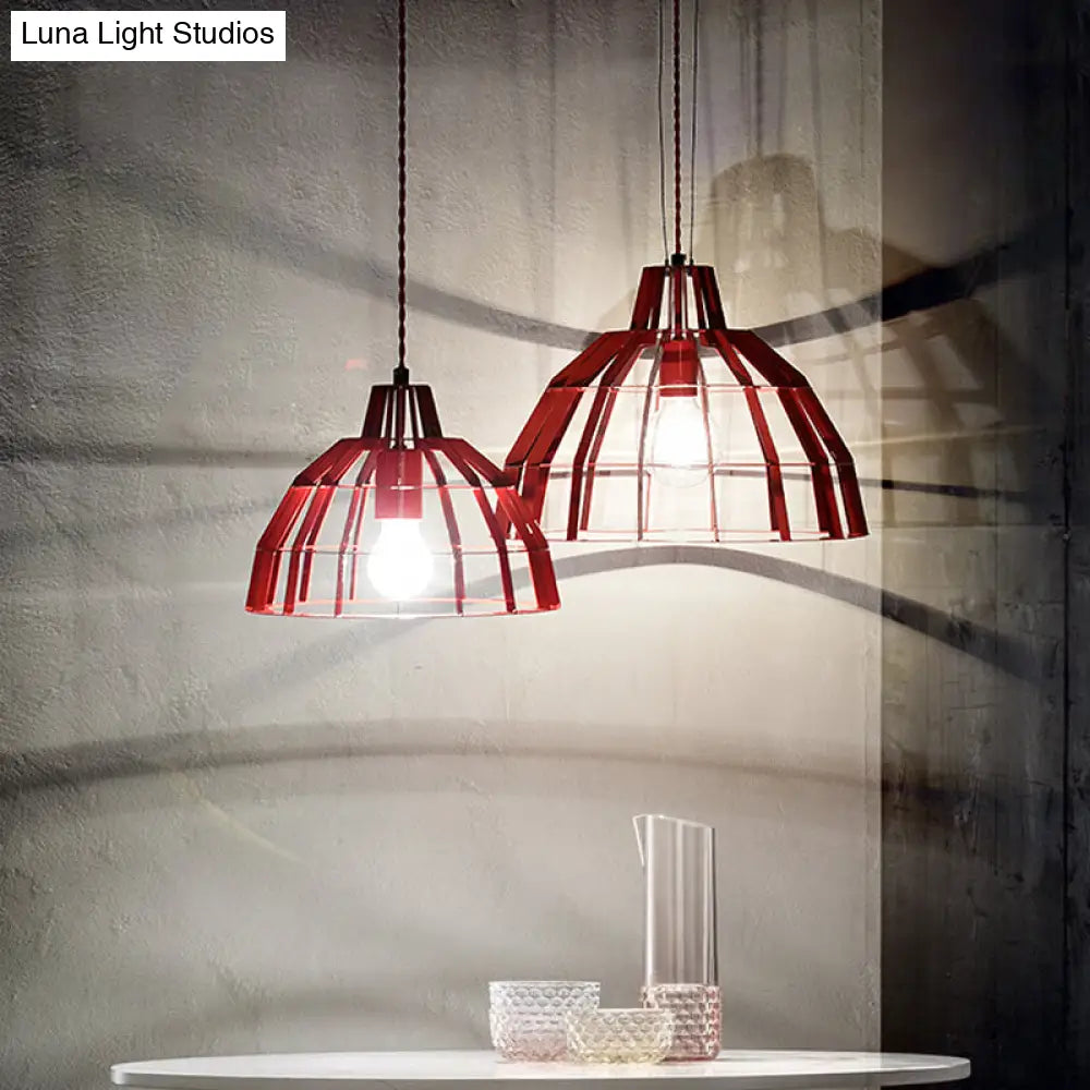 Modern Metal Caged Pendant Light With Red Dome Shade - Ideal For Restaurants