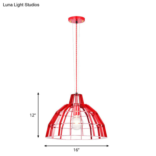 Modern Metal Caged Pendant Light With Red Dome Shade - Ideal For Restaurants