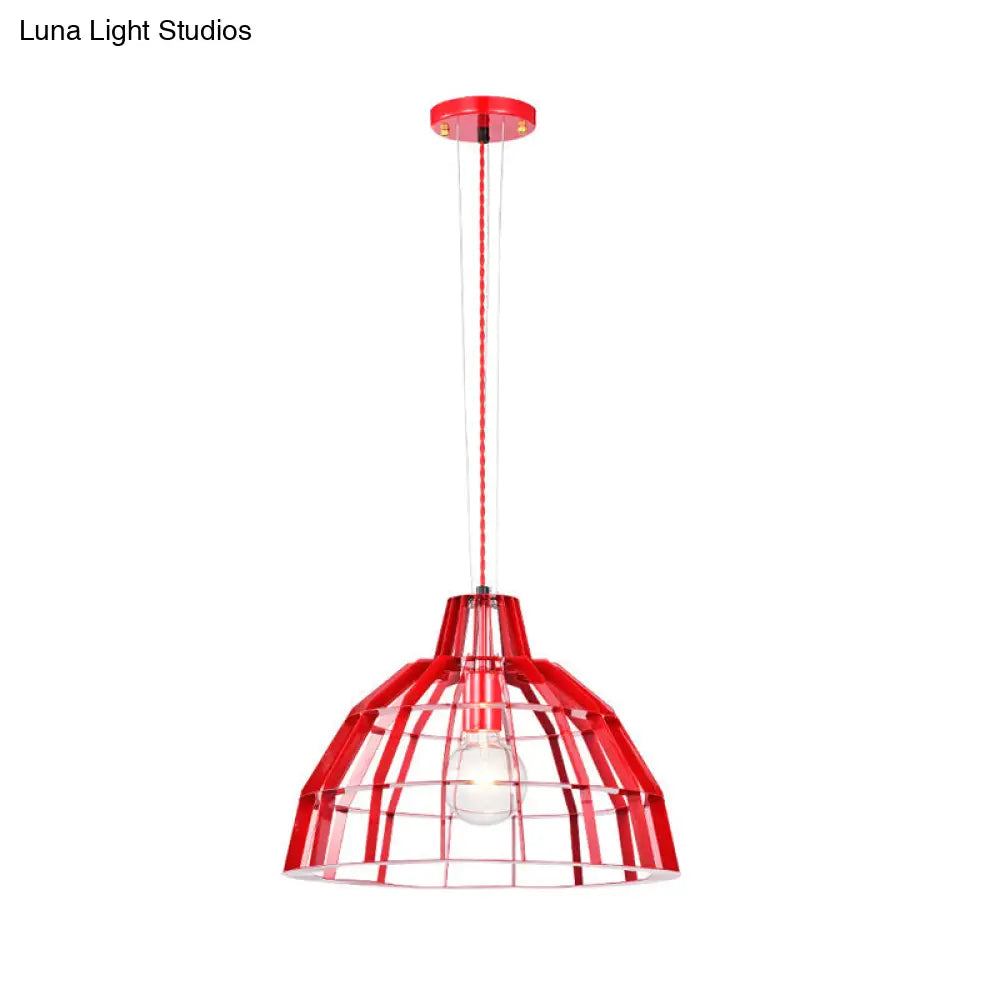 Modern Metal Caged Pendant Light With Red Dome Shade - Ideal For Restaurants / 11