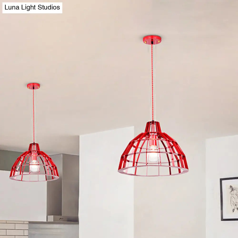 Modern Red Dome Pendant Light W/ Metal Cage - Restaurant Hanging Lamp