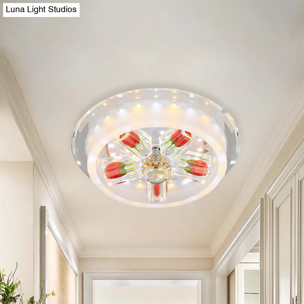 Modern Red Rose Cake Led Flush Mount Light With Crystal Shade - Frosted Glass Ceiling Fixture For