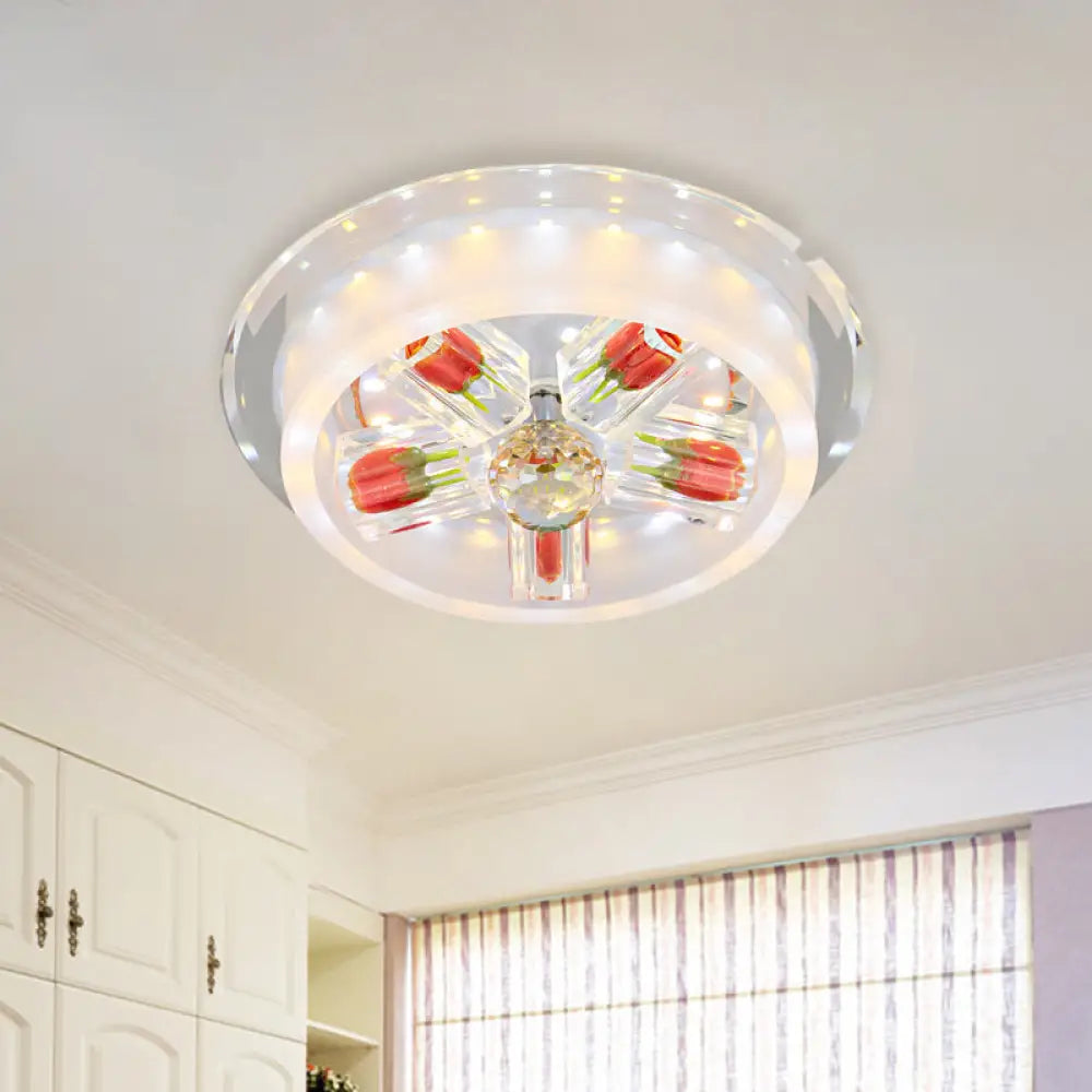Modern Red Rose Cake Led Flush Mount Light With Crystal Shade - Frosted Glass Ceiling Fixture For