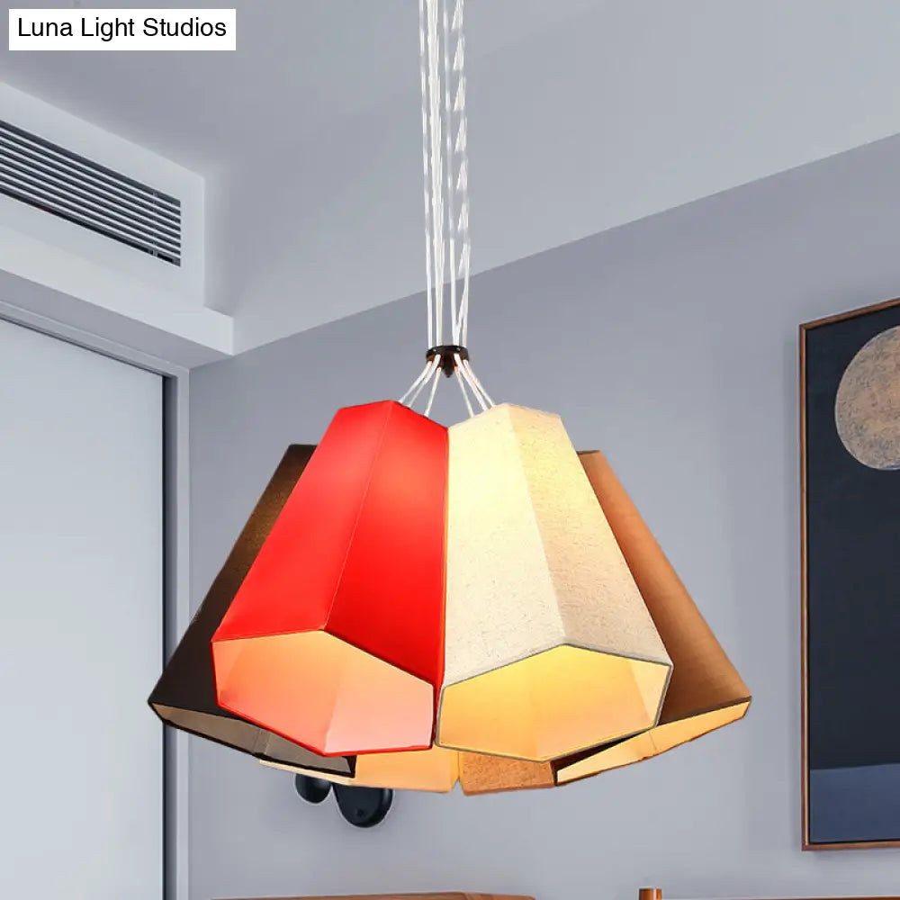 Modern Red-White Loft House Hanging Light - Ridged Conical Fabric Pendant Lighting (6 Heads)