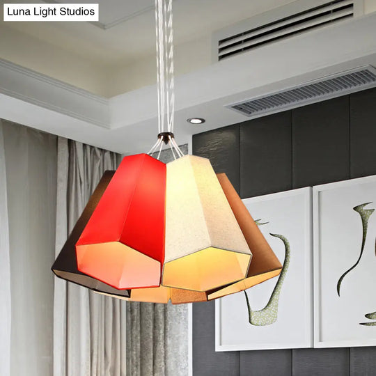 Modern Red-White Loft House Hanging Light - Ridged Conical Fabric Pendant Lighting (6 Heads)