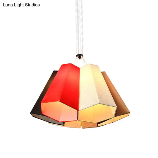 Modern Red-White Loft House Hanging Light - Ridged Conical Fabric Pendant Lighting (6 Heads)