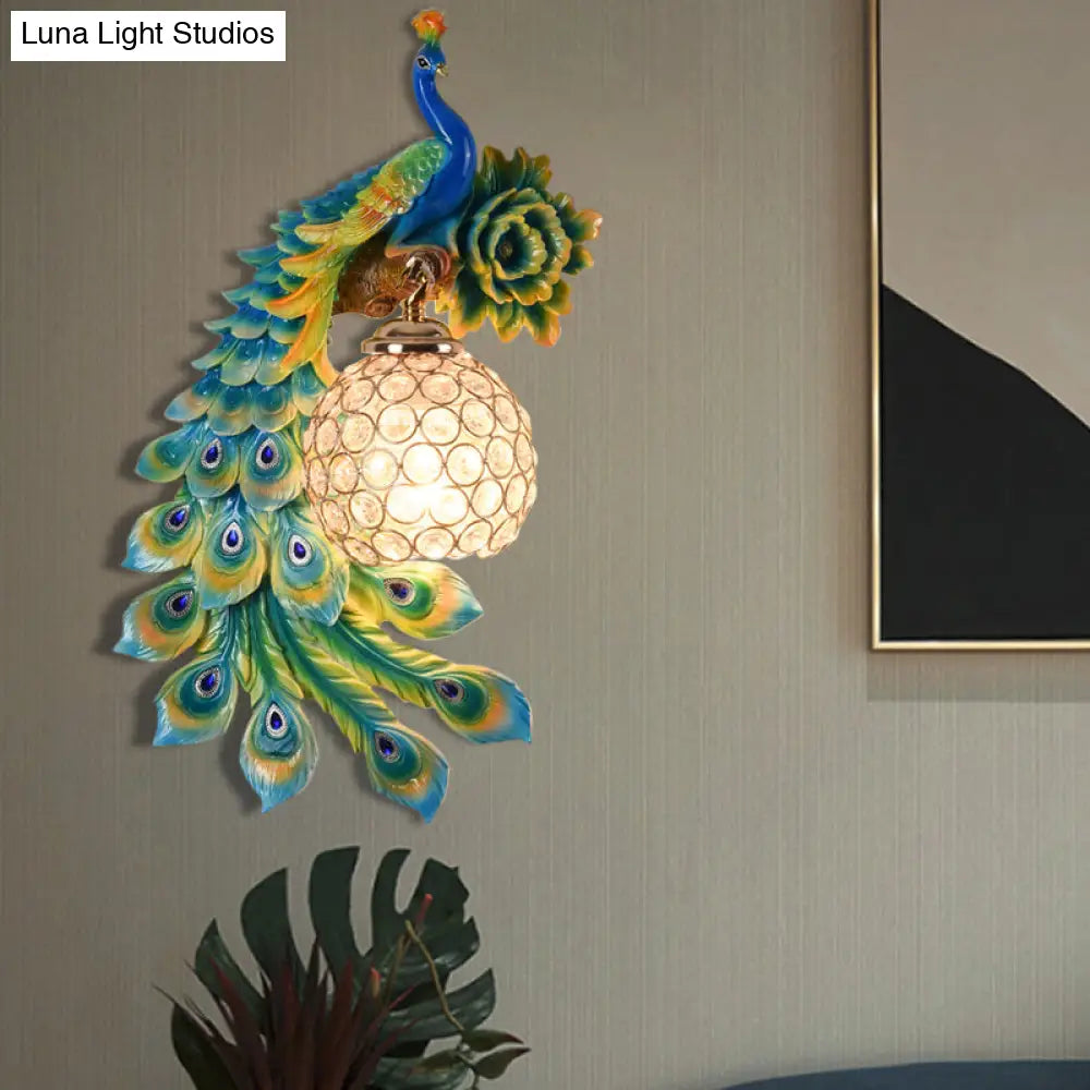 Modern Resin Flower And Peacock Wall Lamp - Dining Room Fixture With Clear K9 Crystal Shade In