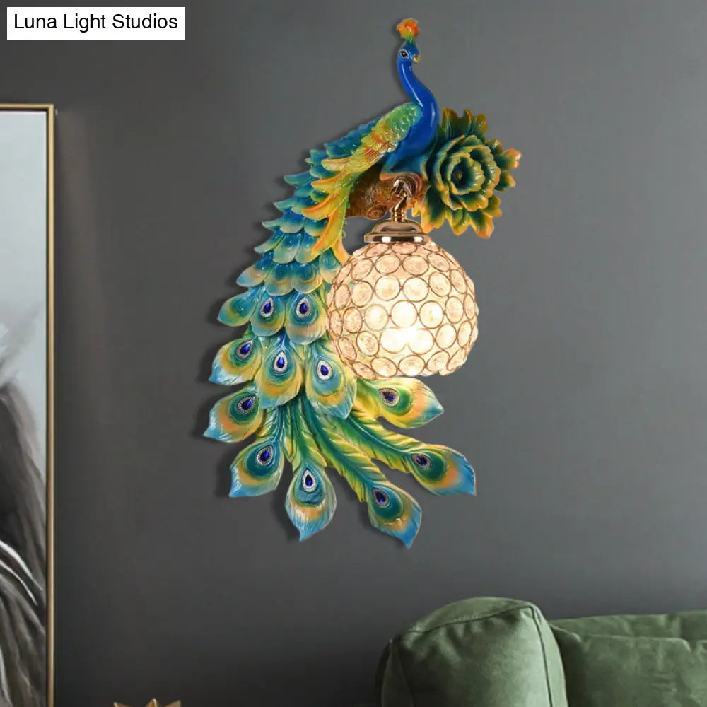 Modern Resin Flower And Peacock Wall Lamp - Dining Room Fixture With Clear K9 Crystal Shade In