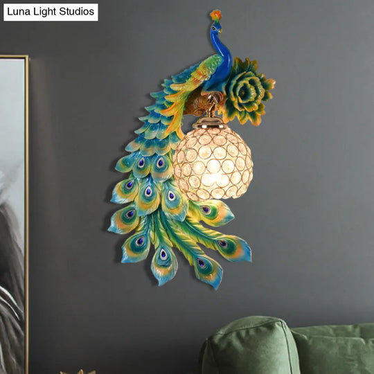 Modern Resin Flower And Peacock Wall Lamp - Dining Room Fixture With Clear K9 Crystal Shade In