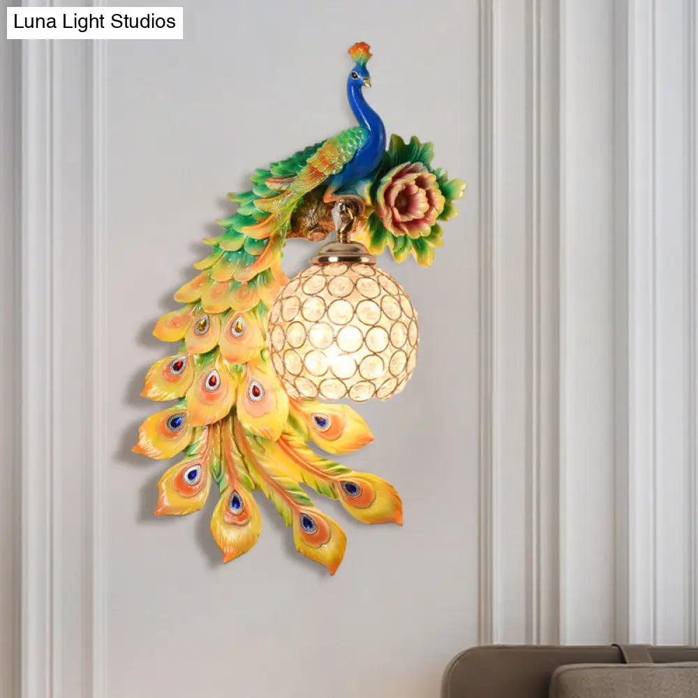 Modern Resin Flower And Peacock Wall Lamp - Dining Room Fixture With Clear K9 Crystal Shade In