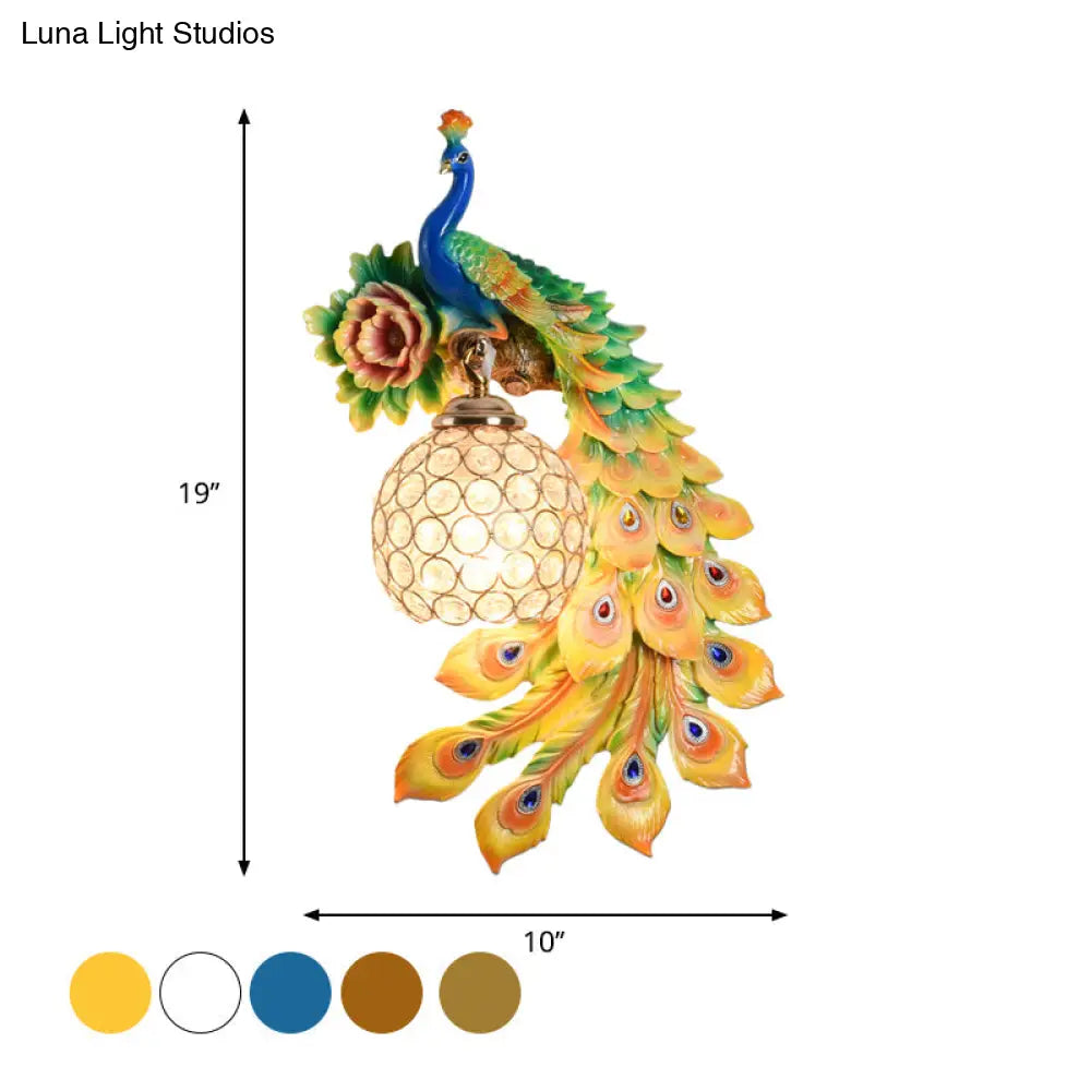 Modern Resin Flower And Peacock Wall Lamp - Dining Room Fixture With Clear K9 Crystal Shade In