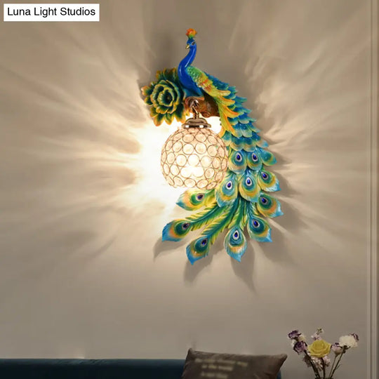 Modern Resin Flower And Peacock Wall Lamp - Dining Room Fixture With Clear K9 Crystal Shade In