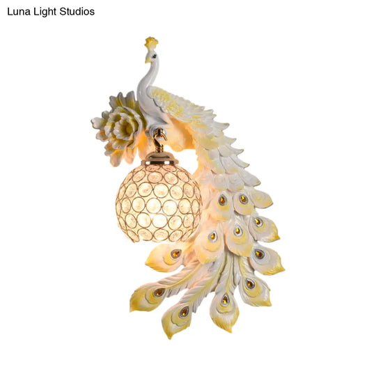 Modern Resin Flower And Peacock Wall Lamp - Dining Room Fixture With Clear K9 Crystal Shade In