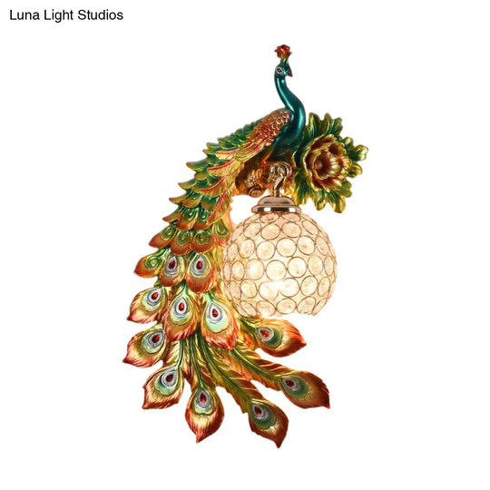 Modern Resin Flower And Peacock Wall Lamp - Dining Room Fixture With Clear K9 Crystal Shade In