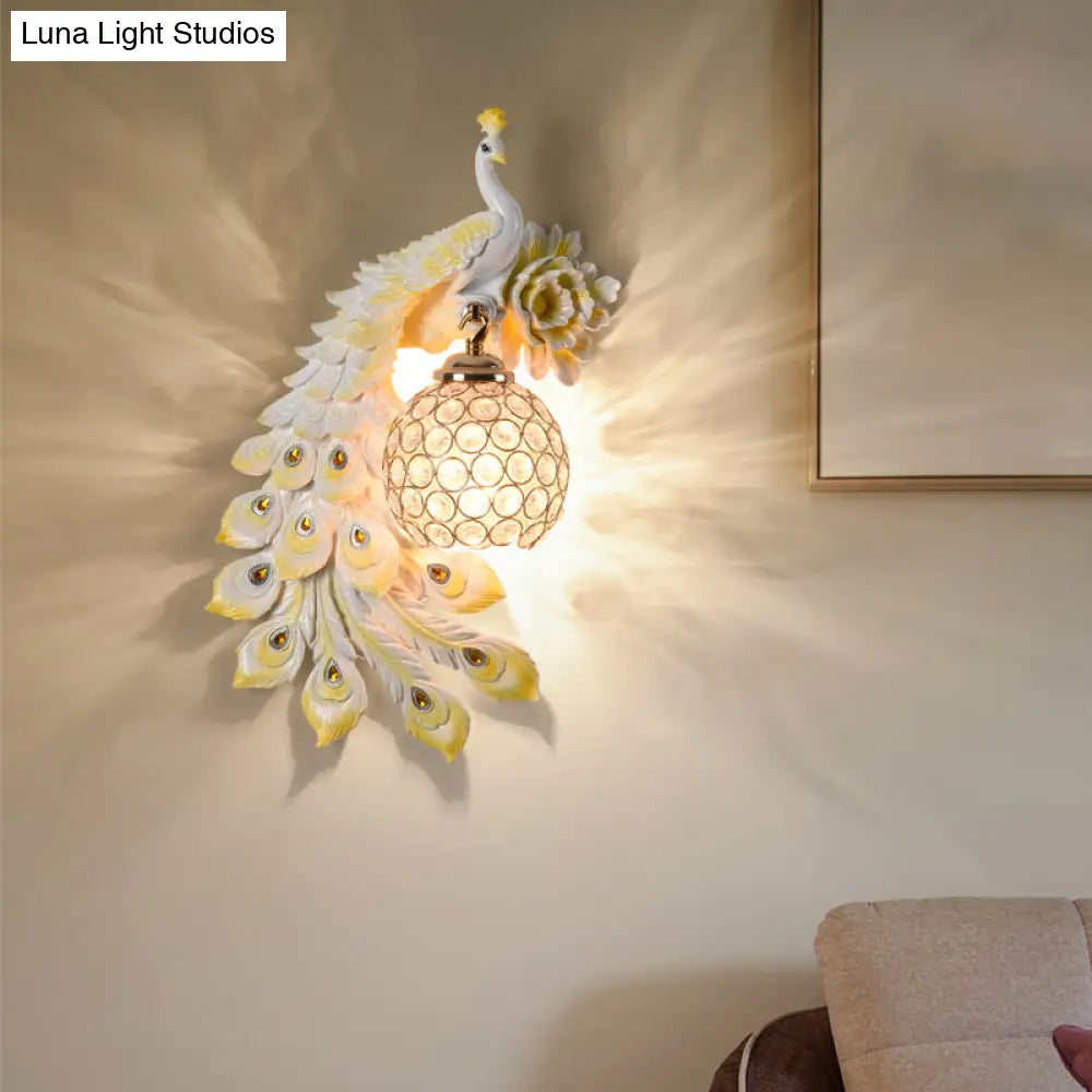 Modern Resin Flower And Peacock Wall Lamp - Dining Room Fixture With Clear K9 Crystal Shade In