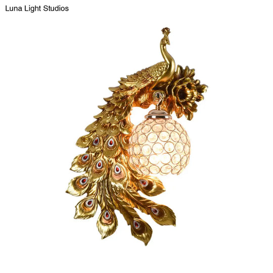 Modern Resin Flower And Peacock Wall Lamp - Dining Room Fixture With Clear K9 Crystal Shade In