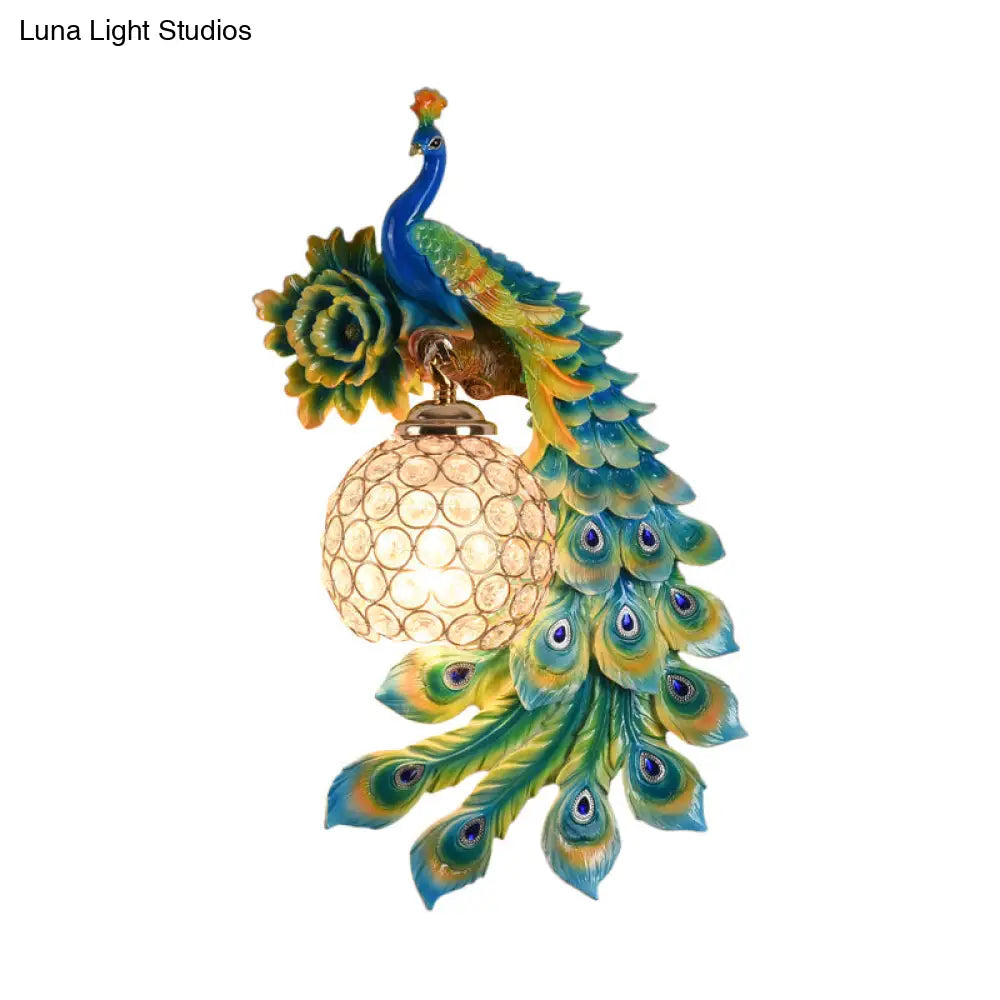 Modern Resin Flower And Peacock Wall Lamp - Dining Room Fixture With Clear K9 Crystal Shade In