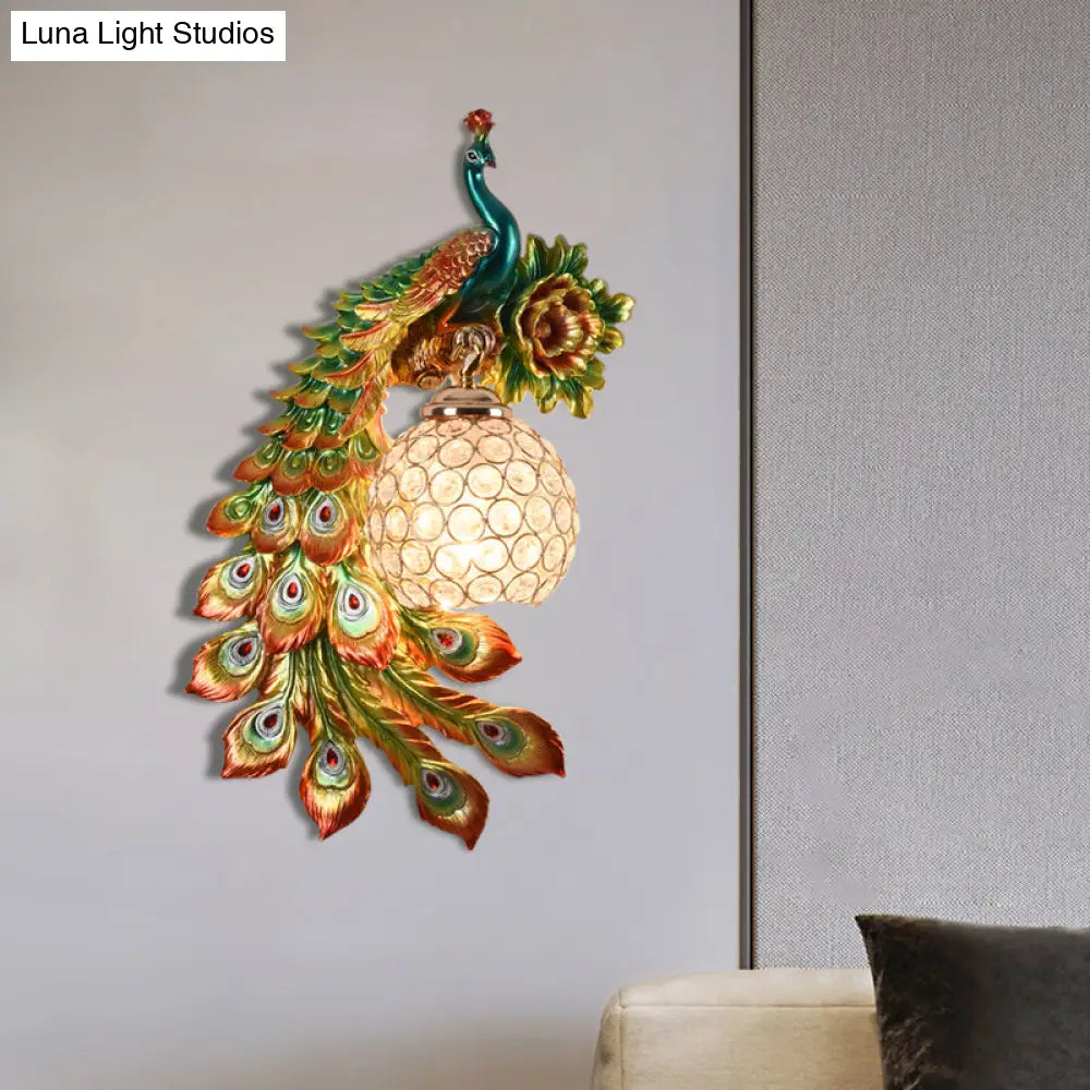 Modern Resin Flower And Peacock Wall Lamp - Dining Room Fixture With Clear K9 Crystal Shade In