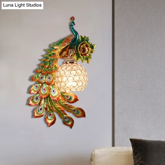 Modern Resin Flower And Peacock Wall Lamp - Dining Room Fixture With Clear K9 Crystal Shade In